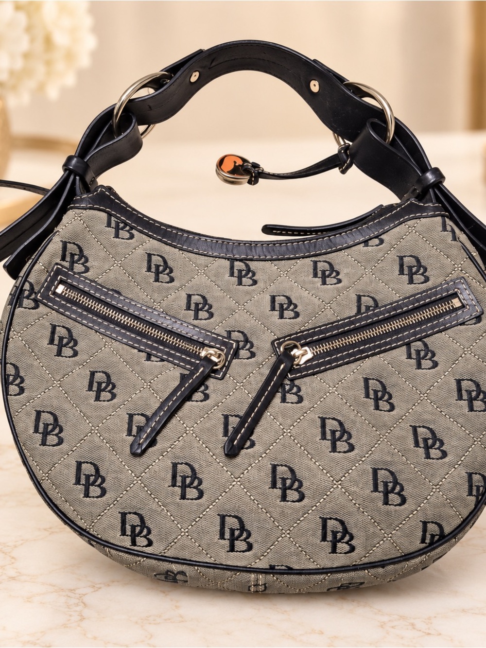 Dooney & Bourke monogram logo print jacquard hobo shoulder bag w/ black leather